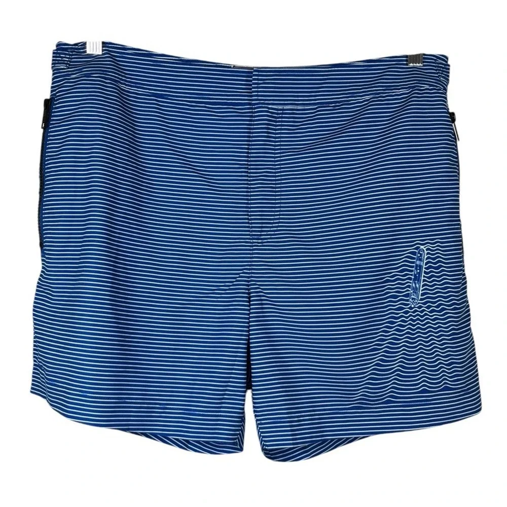 $120 NWT Ted Baker Sz L (4) Swim Trunks Blue Striped Shorts Liner Zip Pockets